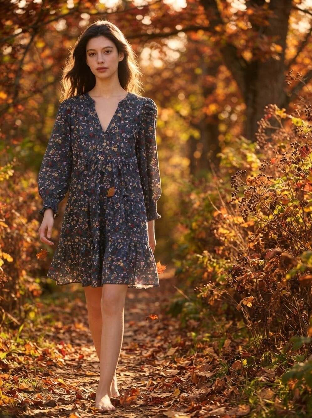 Umgee Floral Dress Tiered V-Neck Long Sleeve Blue